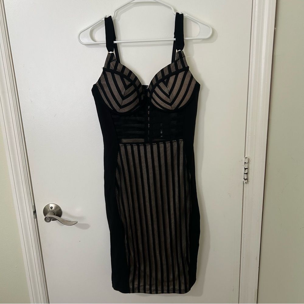 Fashion Nova | Black and Nude Mesh Bodycon Midi Dress | Large NWT